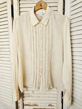 Vintage 90s 100% Silk Jones New York Ivory Floral Blouse Medium